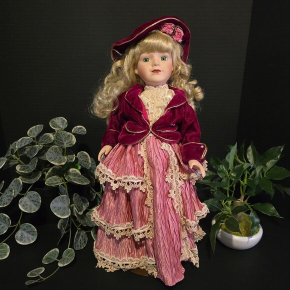 Vintage Doll with Pink Dress and Red Coat (Face Mark) - Picture 1 of 4